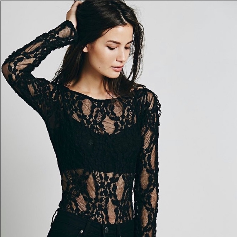 Intimately Free People Black Lace Long Sleeve Top
